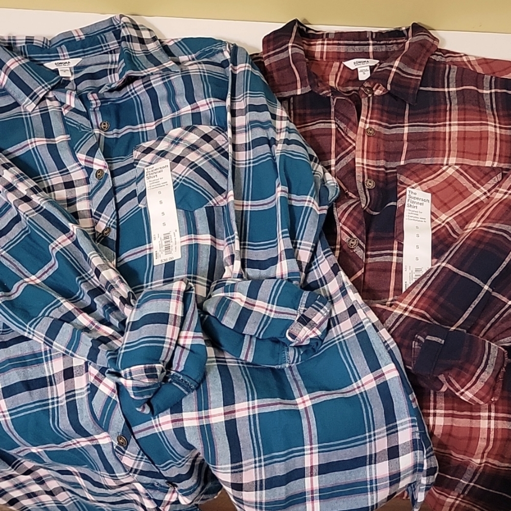 Lot of 2 NWT Sonoma Supersoft Flannel Shirts Blue and Red, Size Small